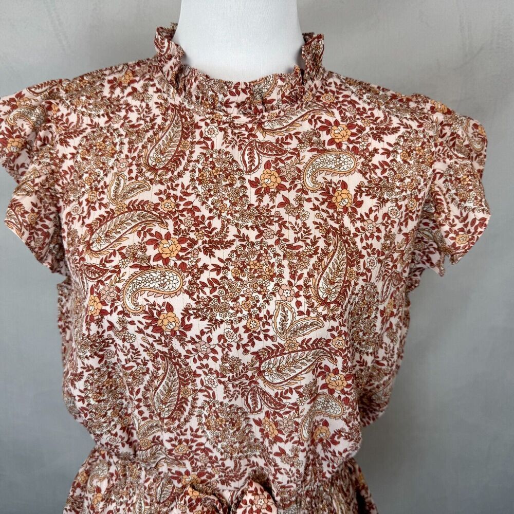 Alice Blue Women Sz M Floral Top Ruffle Crew Neck Cap Sleeves Elastic Waist