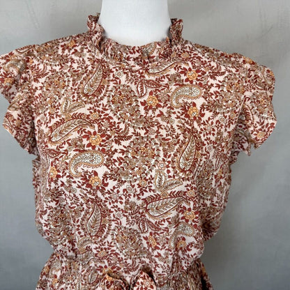 Alice Blue Women Sz M Floral Top Ruffle Crew Neck Cap Sleeves Elastic Waist