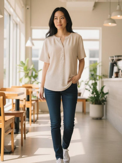 NWT Hilary Radley Beige Textured Short Sleeve Henley Top XL - B2251