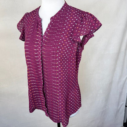 Simply Styled Petite Women Sz MP Red Printed Button Up Pleated Blouse Cap Sleeve