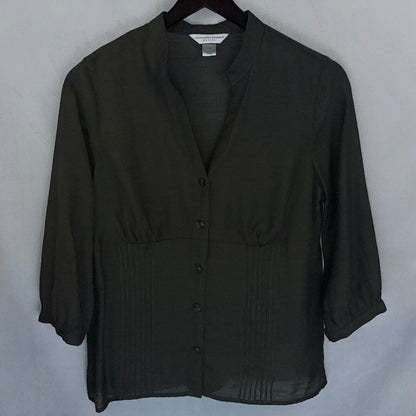 A dark olive green button-up blouse with three-quarter sleeves and gathered detailing, hanging on a black hanger against a light gray background.