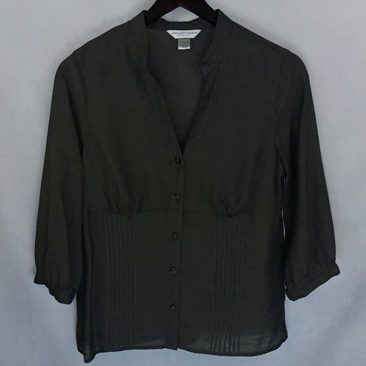 A dark olive green button-up blouse with three-quarter sleeves and gathered detailing, hanging on a black hanger against a light gray background.