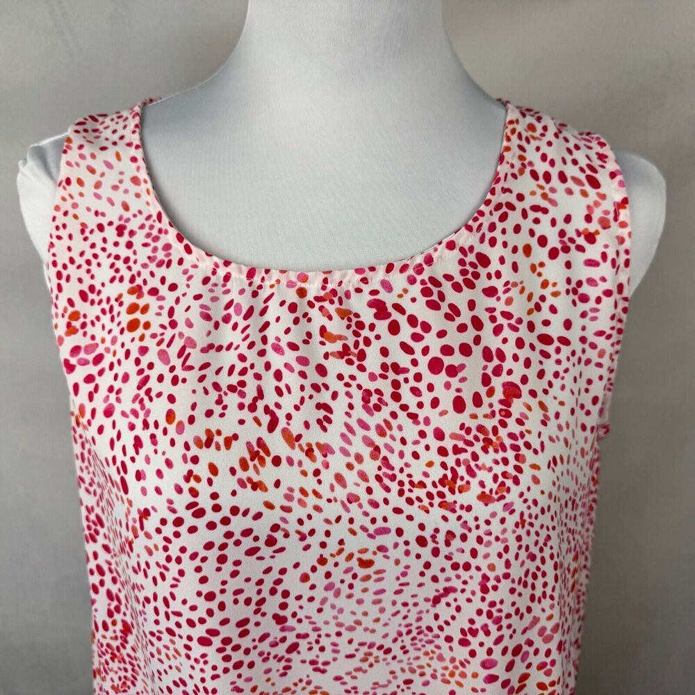 Rachel Zoe Women Sz M Top Round Neck White Red Orange Dots Abstract Sleeveless