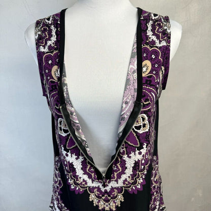 INC Top Sz XS Black with Purple Paisley VNeck Zipper Accent Sleeveless