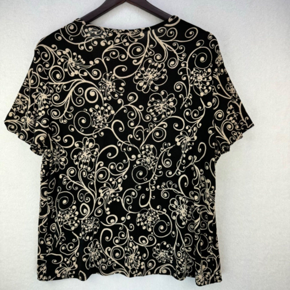 Jaclyn Smith Women Sz XL Butterfly Short Sleeve V-Neck Stretchy black and beige