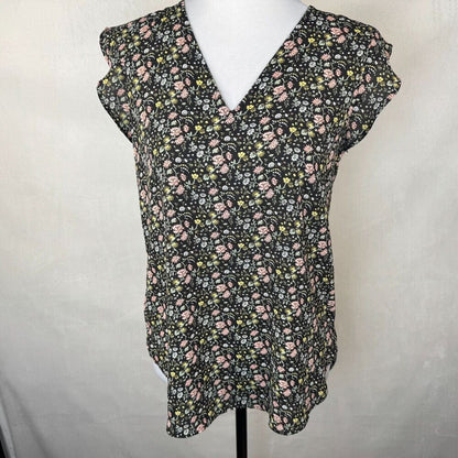 LOFT Top Sz XS Black Blouse Multicolor Floral Print VNeck Ruffle Cap Sleeve