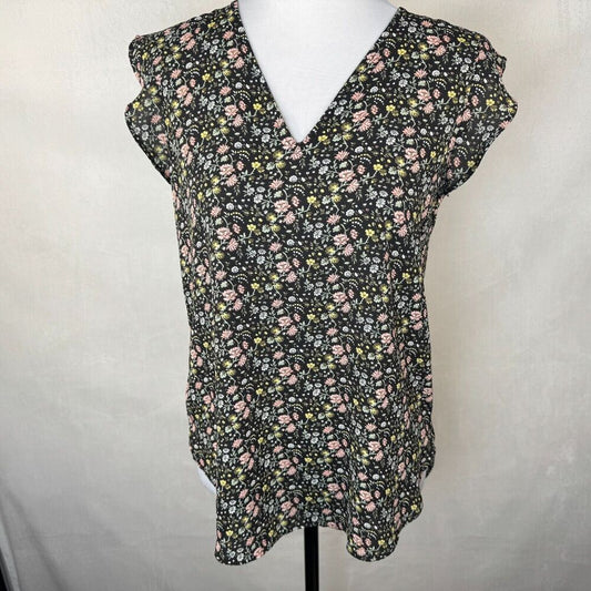 LOFT Top Sz XS Black Blouse Multicolor Floral Print VNeck Ruffle Cap Sleeve
