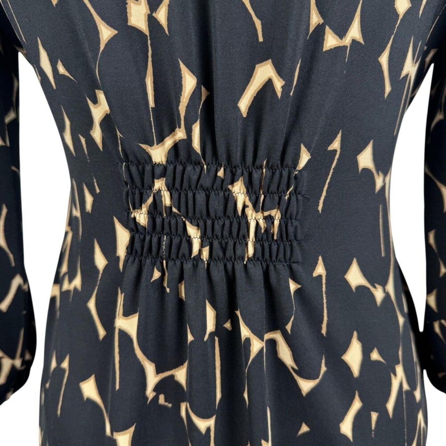 Alfani Faux Wrap Stretch Top S Black Tan Abstract Print Metal Link Ruched back