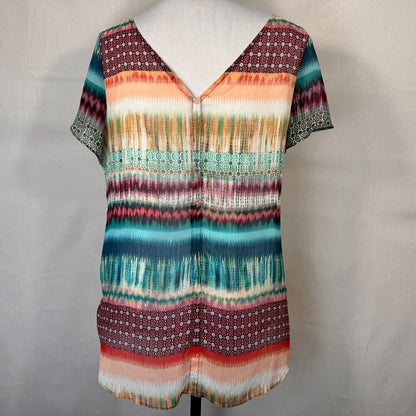 Milano Ladies Blouse Sz M Semi Sheer Lined Multicolor boat neckline split sleeve