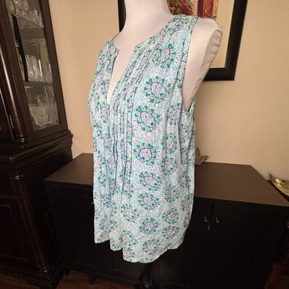 LOFT Top Sz S Light Blue Floral Pintuck Split Neck Henley Lined Fabric Button