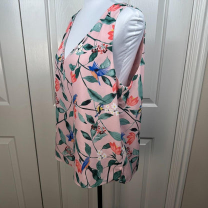 Finn & Grace Women Sz M Top Layered Pink Floral Birds Print VNeck Sleeveless