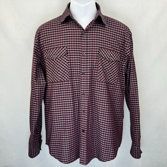 A men's long-sleeve button-up shirt with a red and black gingham check pattern, displayed on a white mannequin torso against a light gray background.
