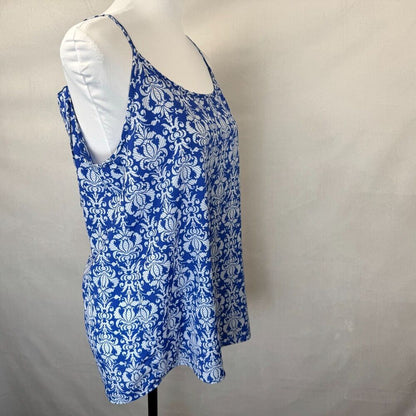 Blue Rain Ladies Blouse Sz M Blue White Print Bow Back Round Neckline Sleeveless
