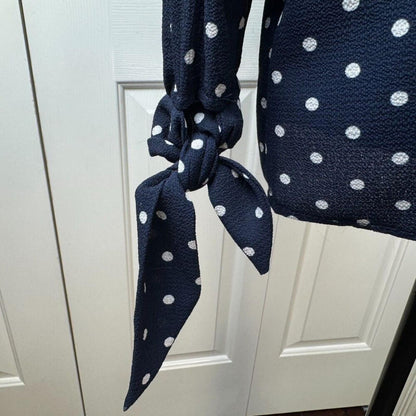 PinkBlush NWT Top Women Sz S Navy Polka Dot Crew Neck Long Slit Sleeve Bow Cuff