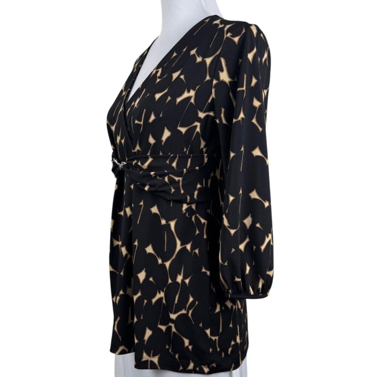 Alfani Faux Wrap Stretch Top S Black Tan Abstract Print Metal Link Ruched back