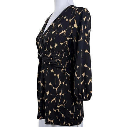 Alfani Faux Wrap Stretch Top S Black Tan Abstract Print Metal Link Ruched back