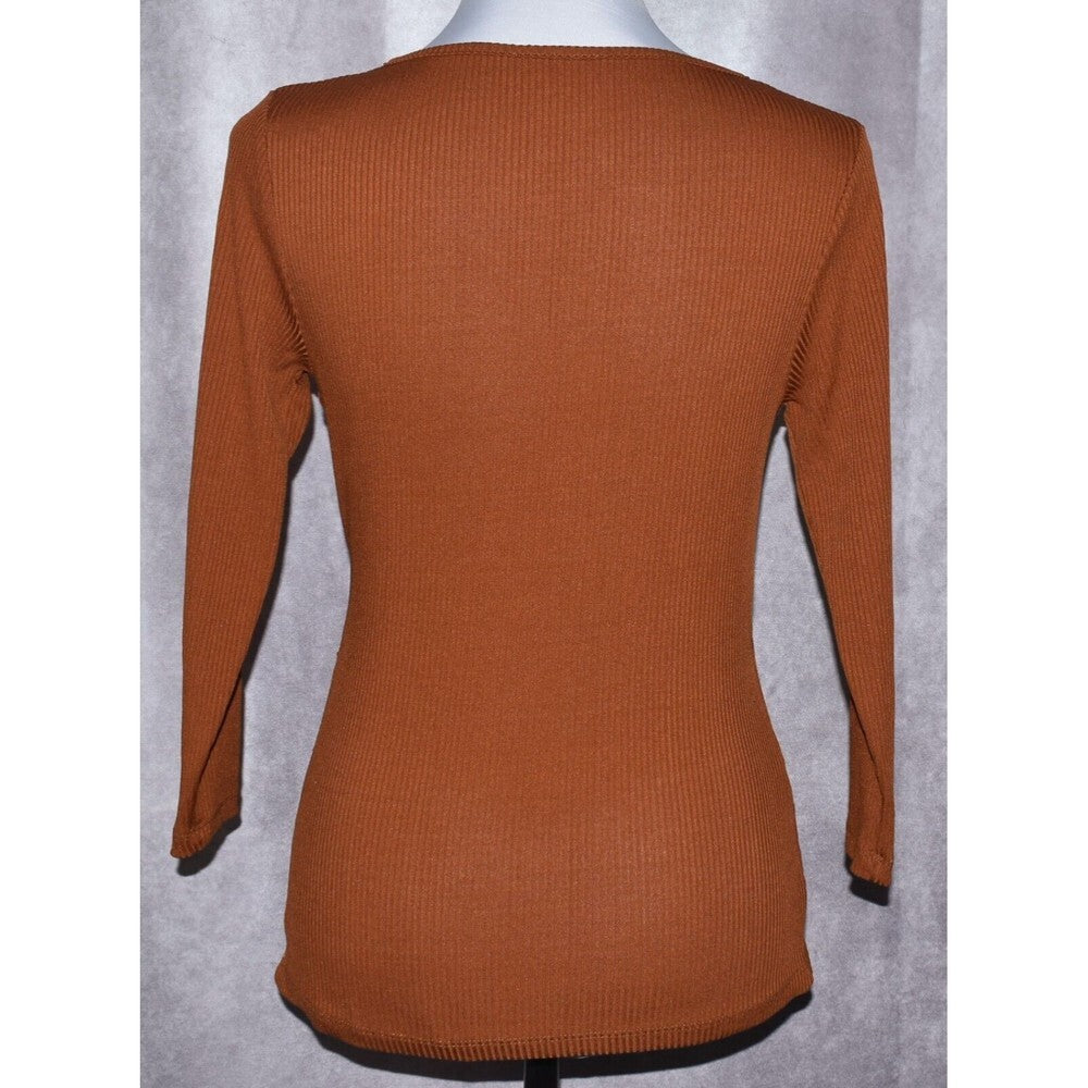 Milan Kiss Ruched Top Pullover Long Sleeves, Rust,  Ribbed Stretch - Size M