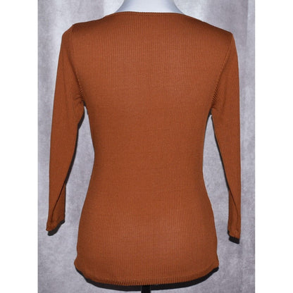 Milan Kiss Ruched Top Pullover Long Sleeves, Rust,  Ribbed Stretch - Size M