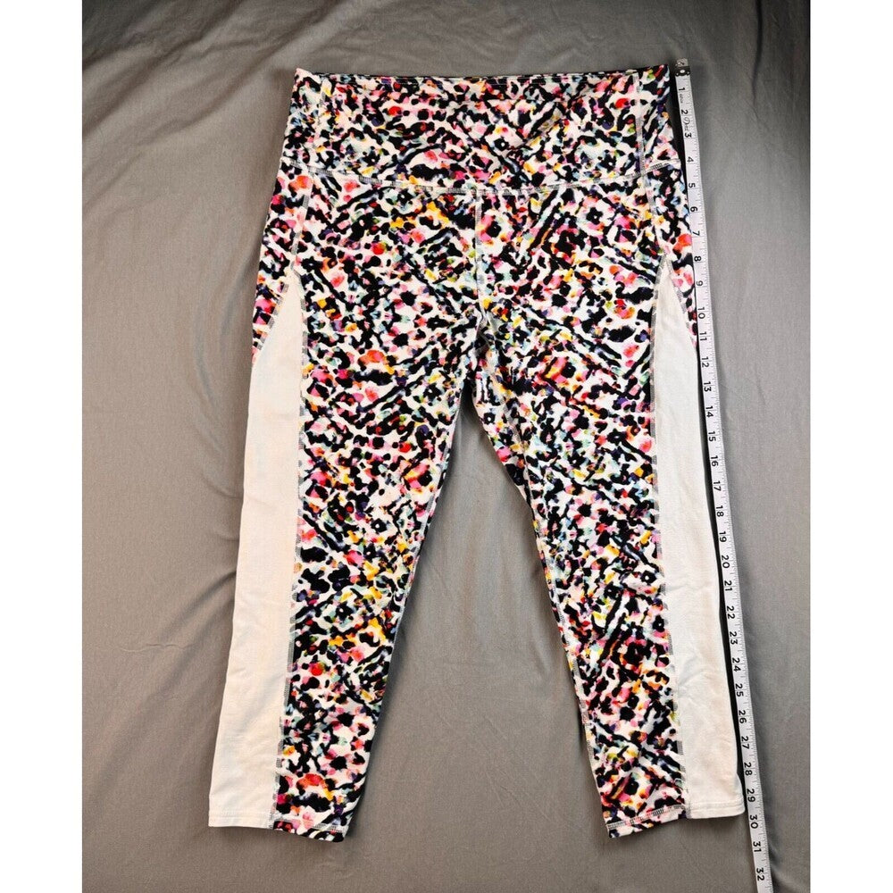 Athleta Capri Yoga Pants Sz L High Rise White and Multicolor Print