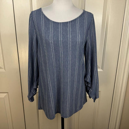 W5 Anthropologie Women Sz M Long Sleeve Blue Striped Textured Shirt Blouse