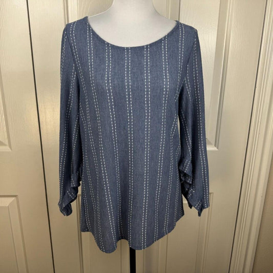 W5 Anthropologie Women Sz M Long Sleeve Blue Striped Textured Shirt Blouse