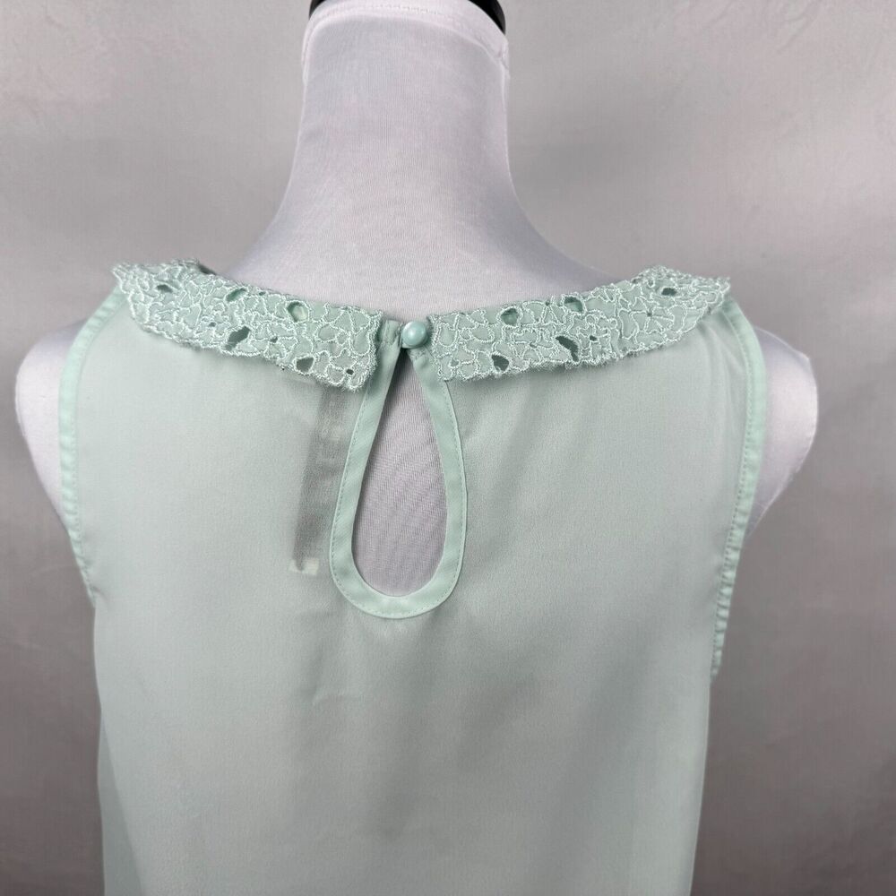 LC Lauren Conrad Sheer Blouse Sz S Embroidered Pleated Green Collared Sleeveless