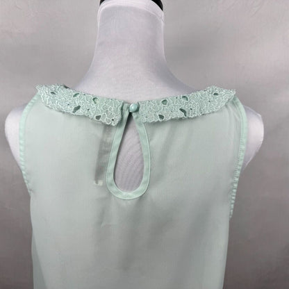 LC Lauren Conrad Sheer Blouse Sz S Embroidered Pleated Green Collared Sleeveless