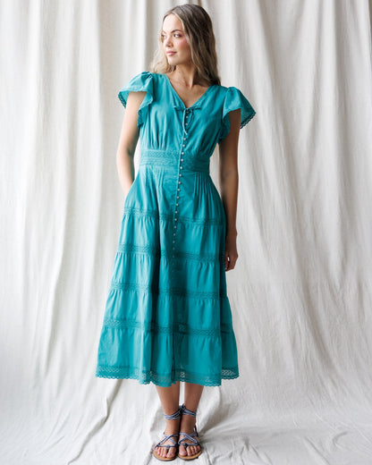 DownEast Women's Heirloom Porcelain Green Flutter Sleeve Maxi Dress