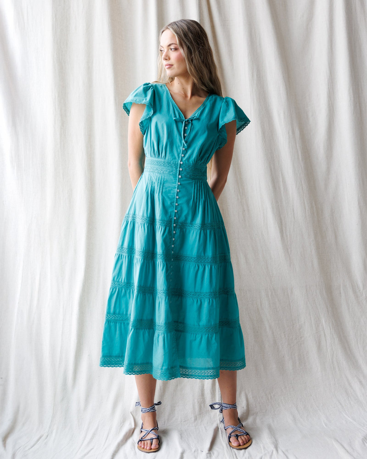 DownEast Women's Heirloom Porcelain Green Flutter Sleeve Maxi Dress