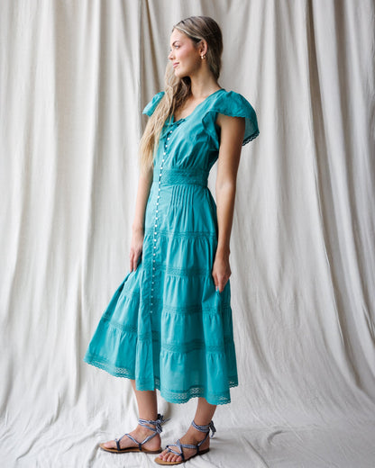 DownEast Women's Heirloom Porcelain Green Flutter Sleeve Maxi Dress