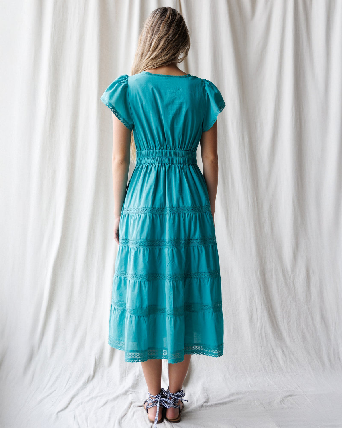 DownEast Women's Heirloom Porcelain Green Flutter Sleeve Maxi Dress