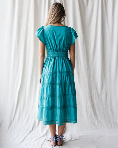 DownEast Women's Heirloom Porcelain Green Flutter Sleeve Maxi Dress