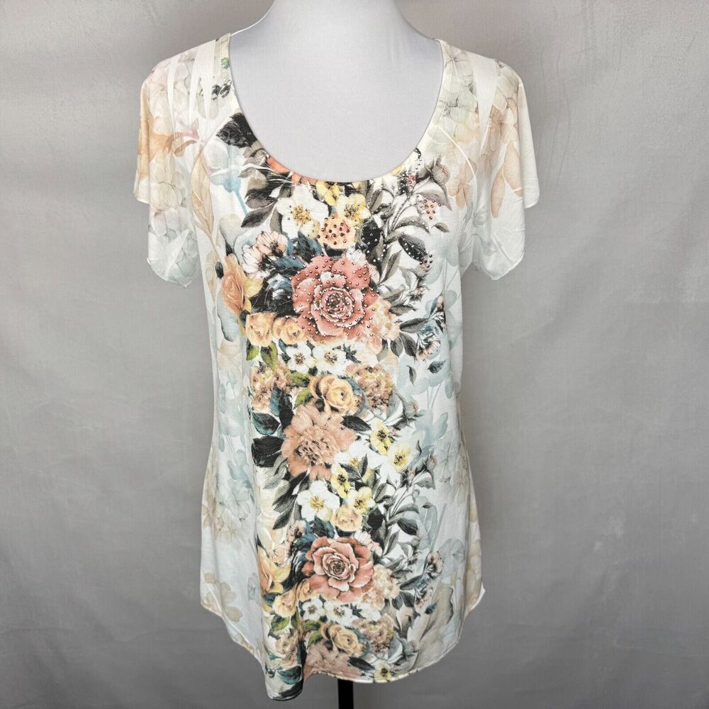 Brittany Black Women Sz M Tunic Ivory Floral Glitter Bling Scoop Neckline