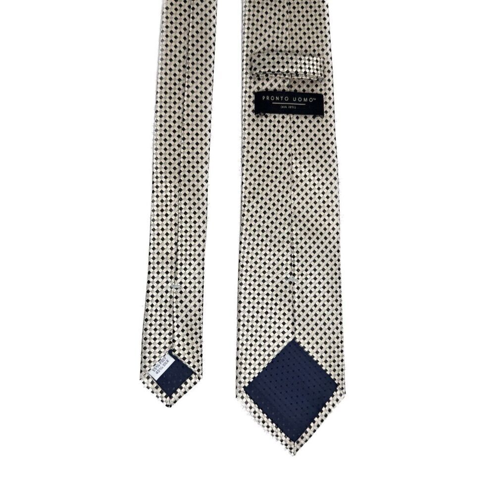 Pronto Uomo Men’s Neck Tie Silk Blend Cream Black Gray Geometric Print