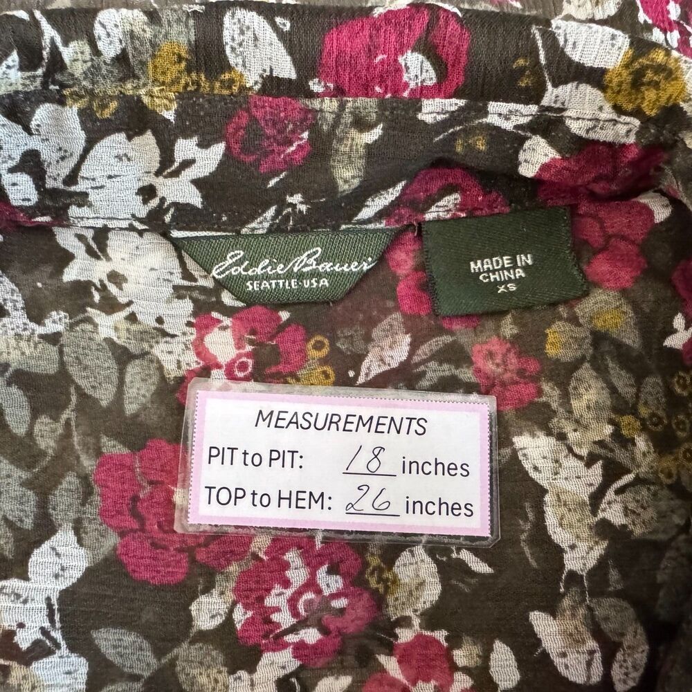 Eddie Bauer Women Sz XS Sheer Green Floral Blouse Roll Up Sleeves Button Down
