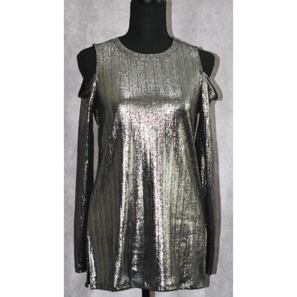 Michael Kors Women Sz Small NWT Metallic Shimmer Stretch Knit Top Short Sleeve