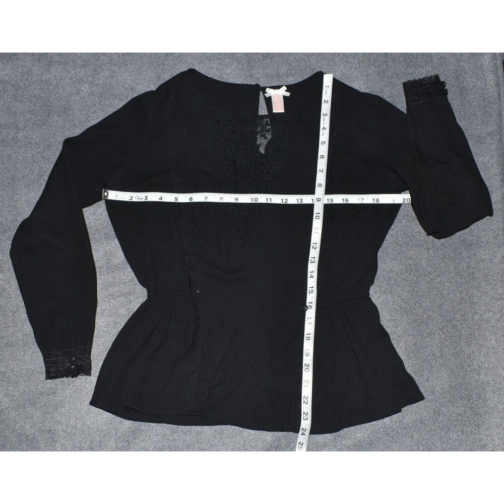 DownEast Women Black Embroidered Blouse Round Neck Lace Long Sleeve Size S