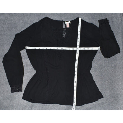 DownEast Women Black Embroidered Blouse Round Neck Lace Long Sleeve Size S
