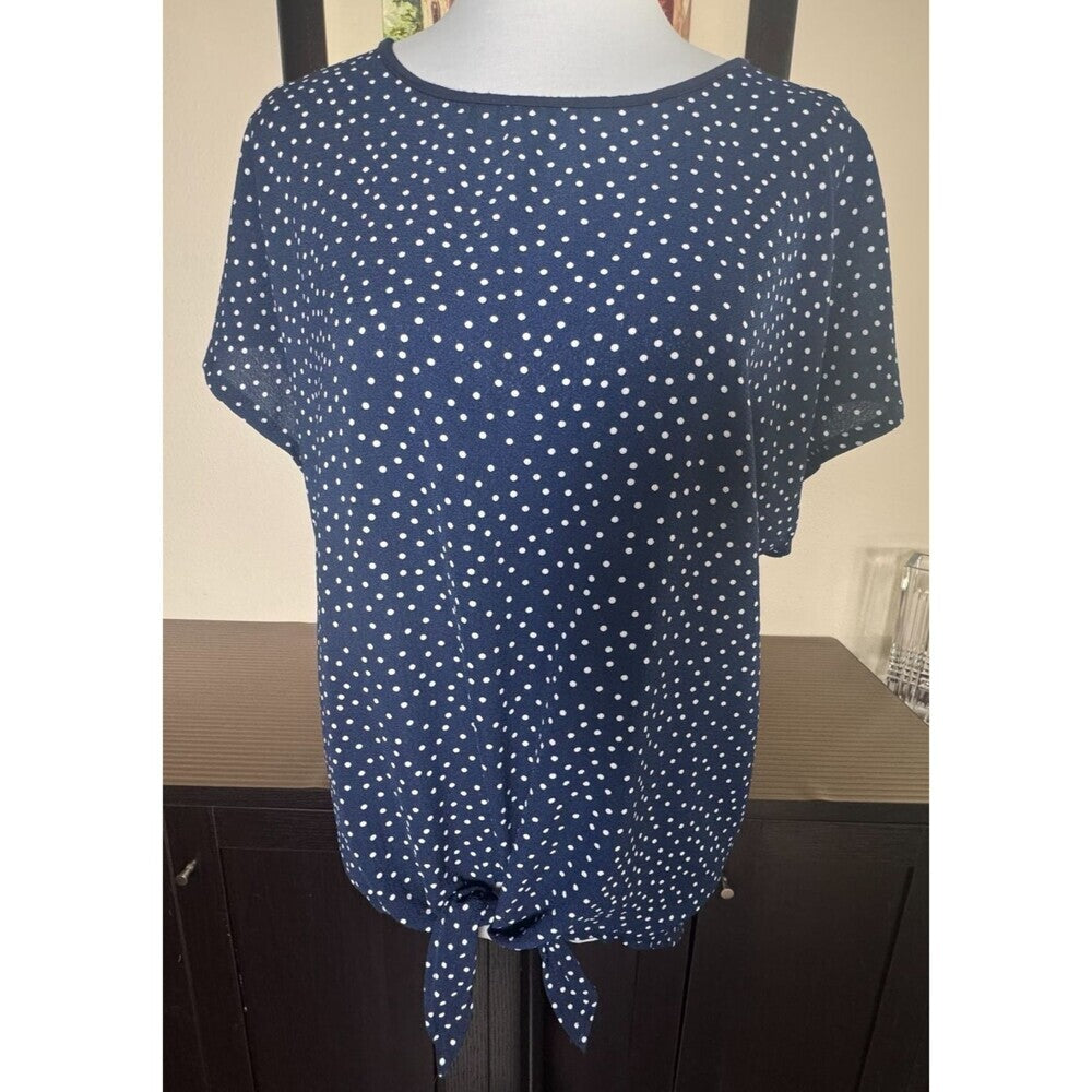 Maxine Nichols Womens Top Sz L/XL Navy Polka Dot Front Knot Round Neck