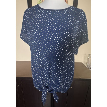 Maxine Nichols Womens Top Sz L/XL Navy Polka Dot Front Knot Round Neck