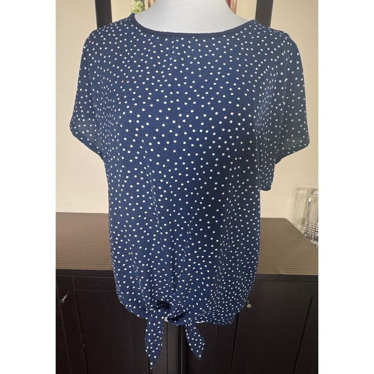 Maxine Nichols Womens Top Sz L/XL Navy Polka Dot Front Knot Round Neck
