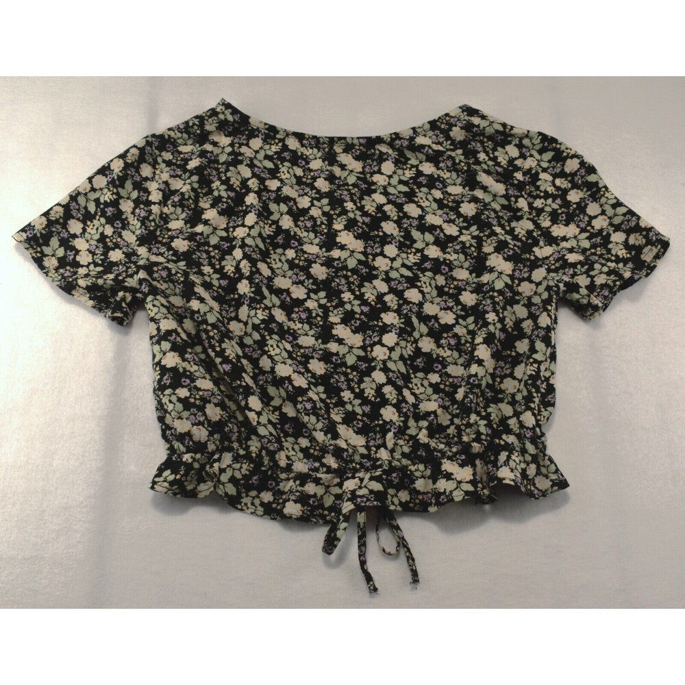 So Goods For Life Juniors Short Sleeve Crop Top V-Neck Floral Black Sz S NWT
