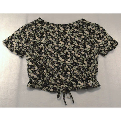 So Goods For Life Juniors Short Sleeve Crop Top V-Neck Floral Black Sz S NWT