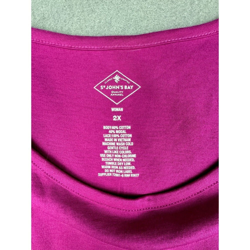 St Johns Bay  Womens Blouse Short Sleeve Shoulder Crochet Fucsia-Pink  Size 2X