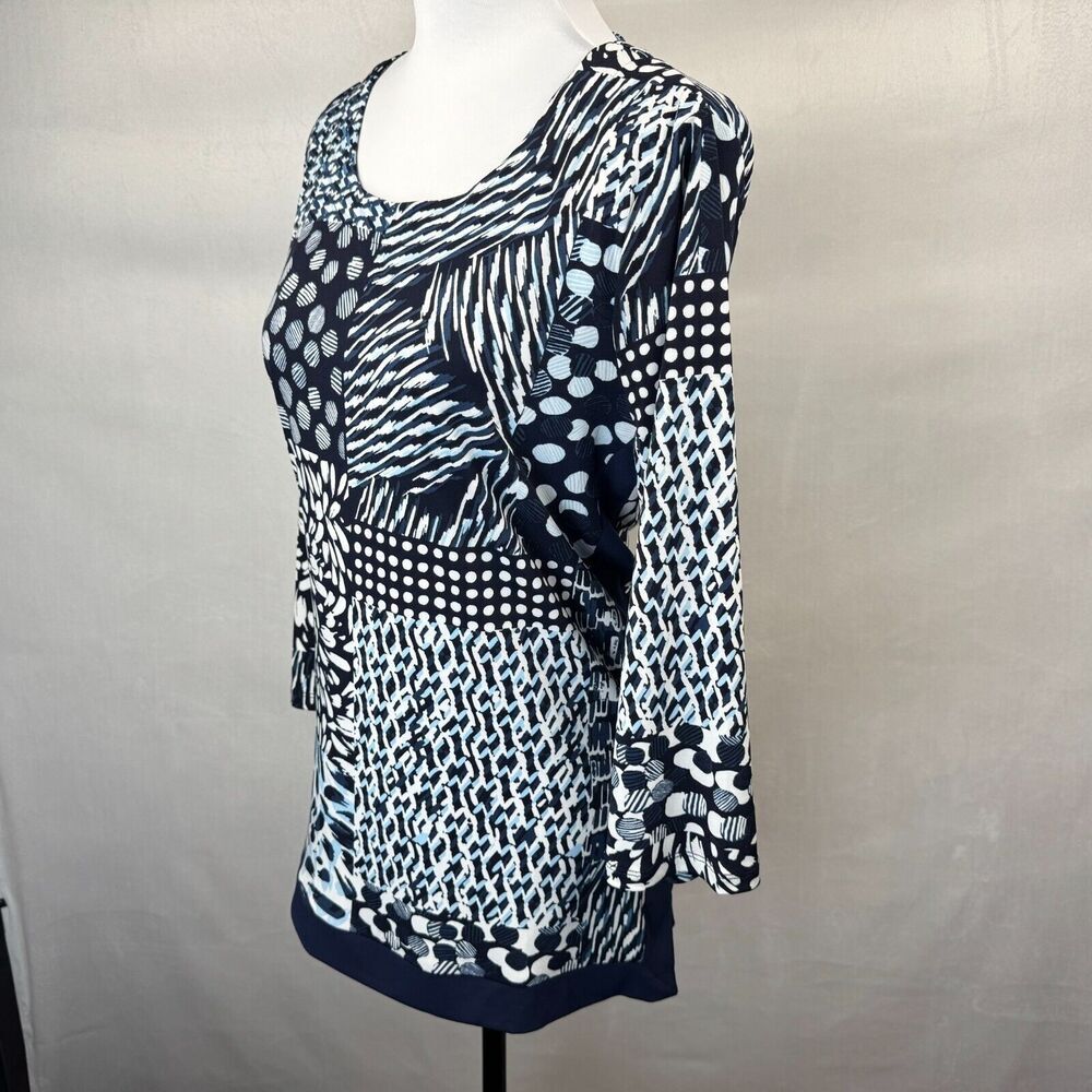 Chico's Tunic Sz 1 Blue Round Neck Geometric Print 3/4 Length Sleeve Side Slits