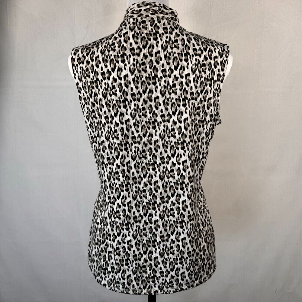 Blusa Tahari sin mangas, talla S, estampado animal, cuello en V, con lazo al frente