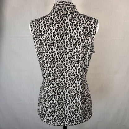 Blusa Tahari sin mangas, talla S, estampado animal, cuello en V, con lazo al frente