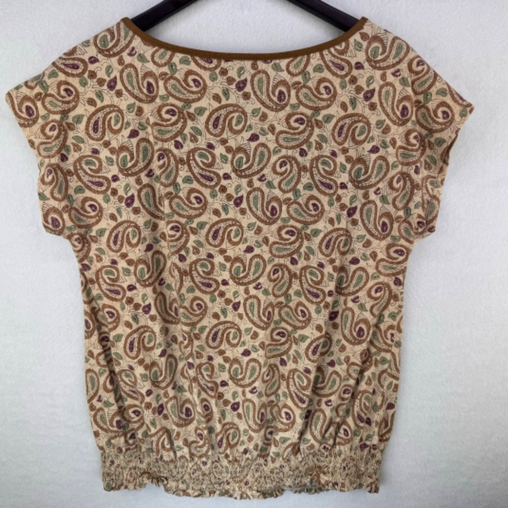 LRL Lauren Jeans Top Sz L Faux suede trim Beige Paisley knit cotton shirred hem