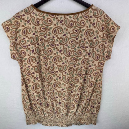 LRL Lauren Jeans Top Sz L Faux suede trim Beige Paisley knit cotton shirred hem