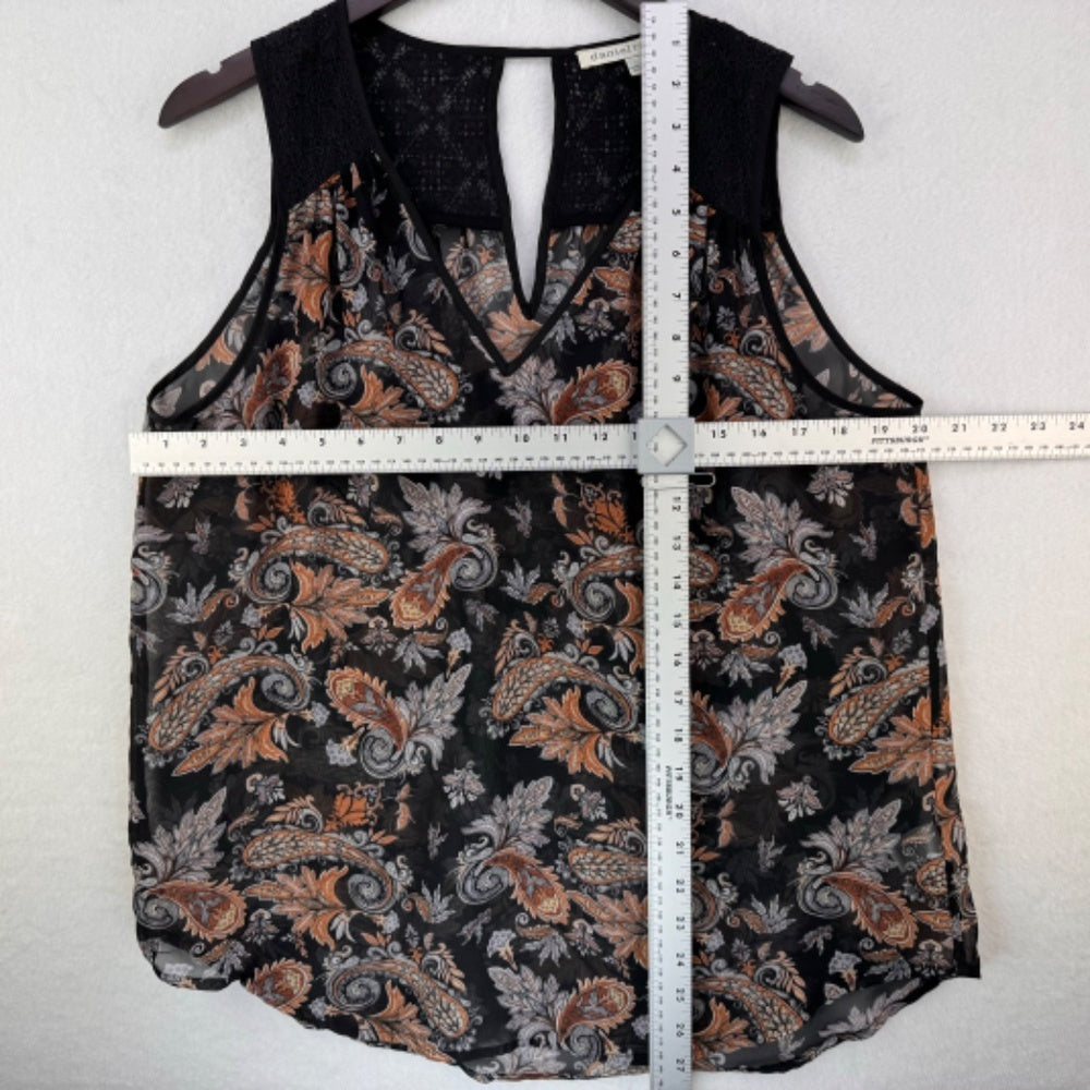 Daniel Rainn Ladies Blouse Sz L Sheer Black Tan Gray paisley Lace neckline